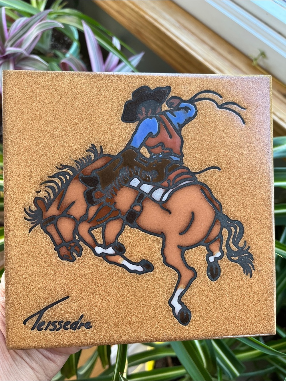 Vtg Cleo Teissedre Cowboy On Bucking Bronco Horse Western Americana Tile Trivet